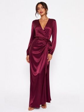 Mango Wrap Dress Maxi Formal‎ Long Red Carpet Wine Merlot Purple Viscose Size XS